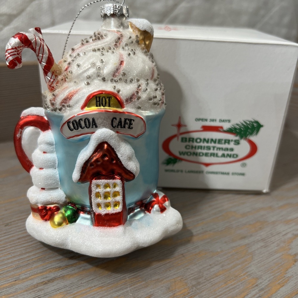 blown glass Hot Cocoa Cafe" ornament From‎ Bronners Christmas Wonderland